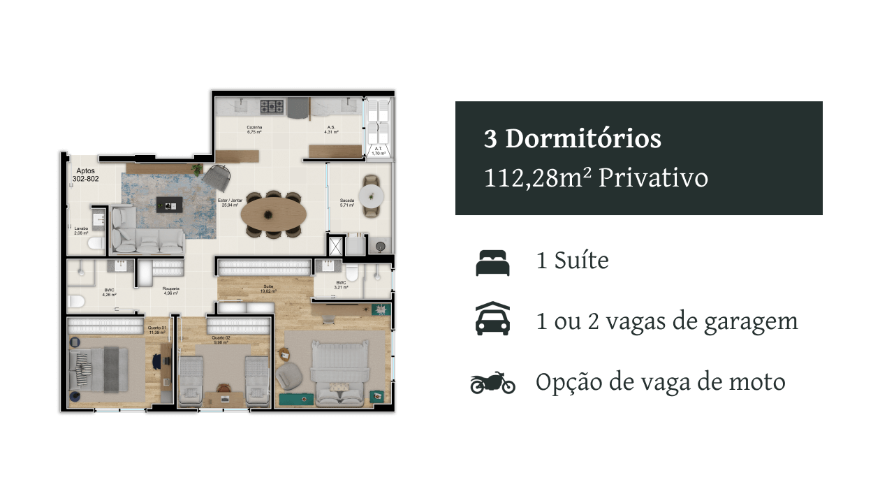 3 Dormitórios - 112,28 m²