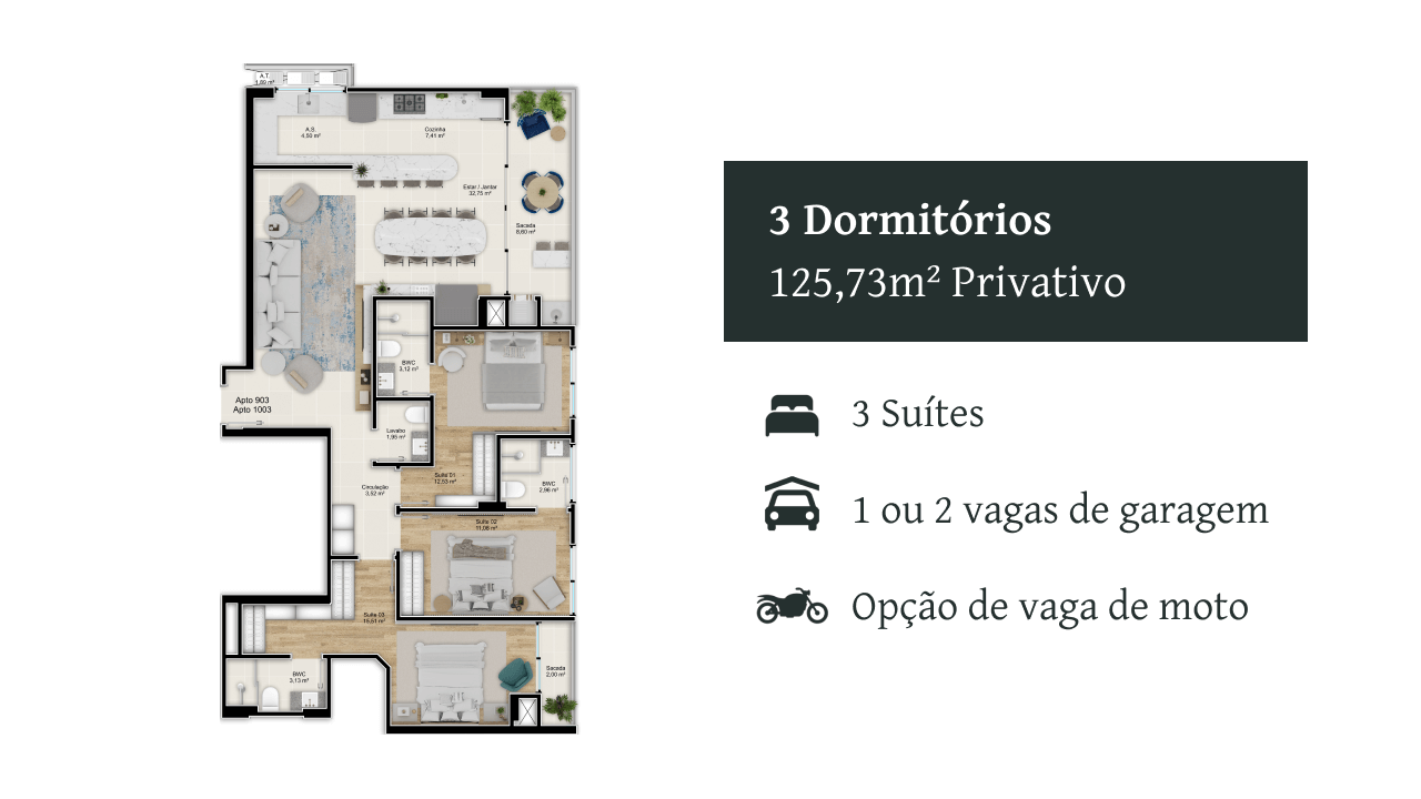 3 Dormitórios - 125,73 m²